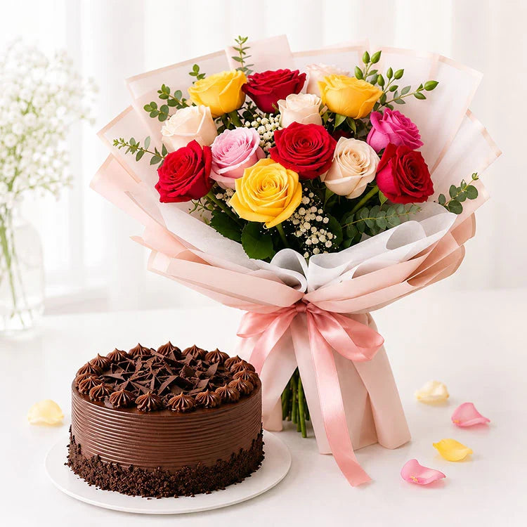 10 Mix Roses and Half Kg Cake