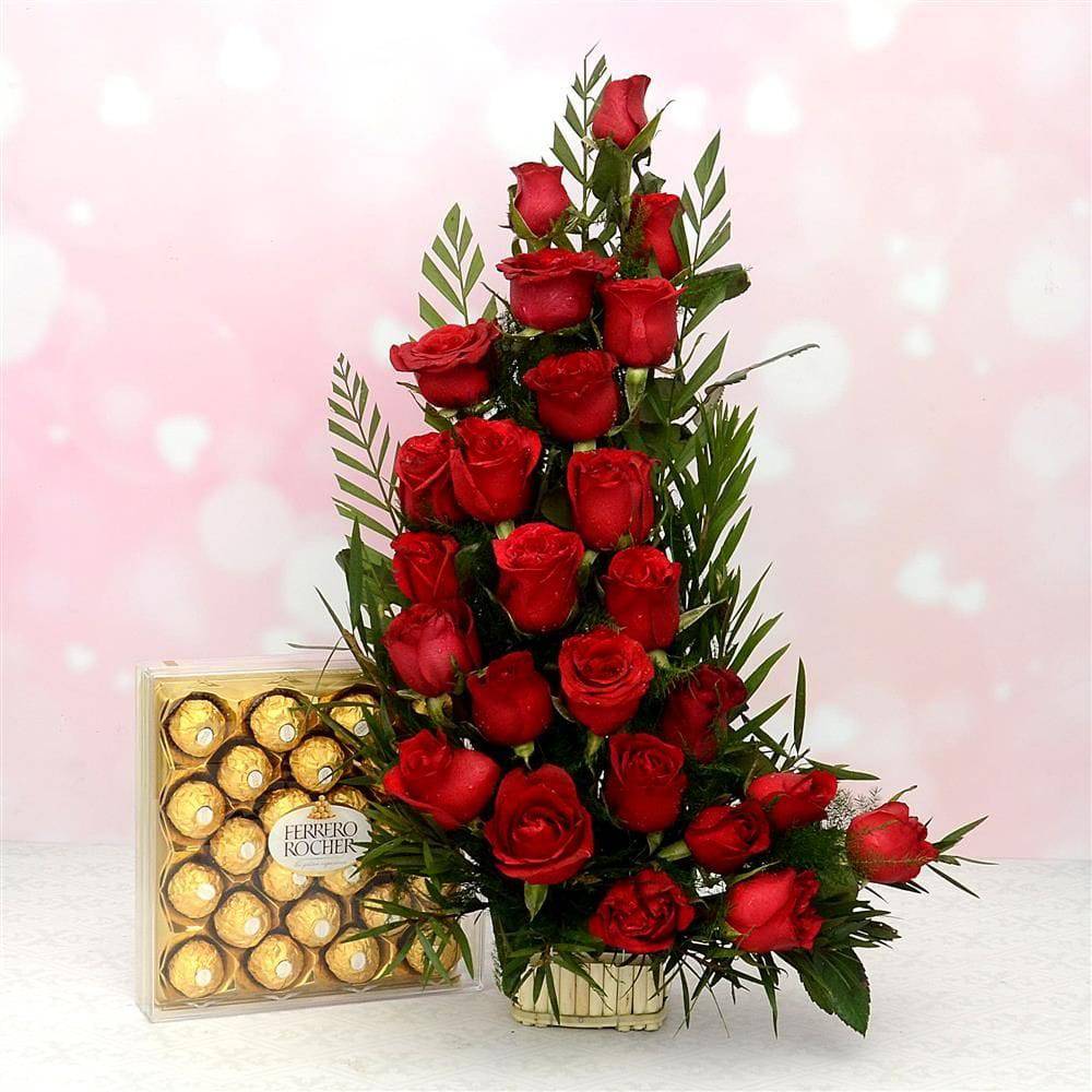 25 Red Rose Basket & Ferrero Rocher