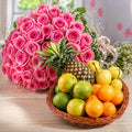 50 Pink Roses With Mixed Fruit Basket