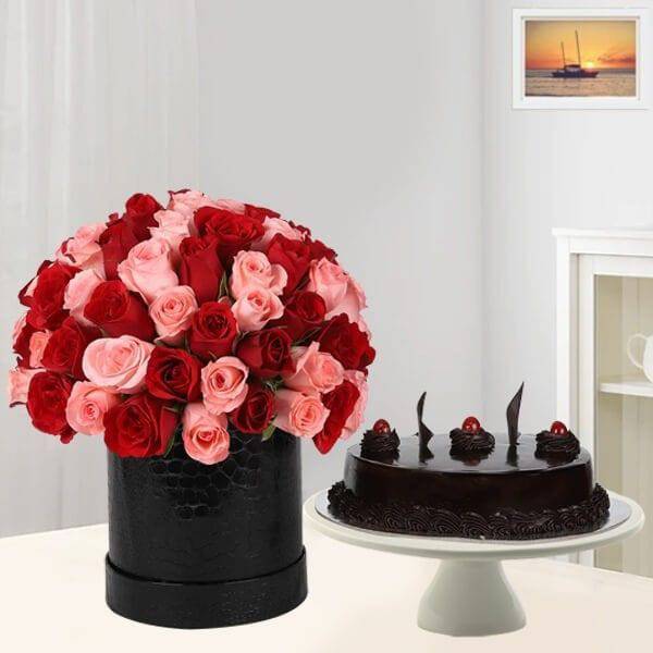 50 Pink - Red Roses Box with Chocolate Cake