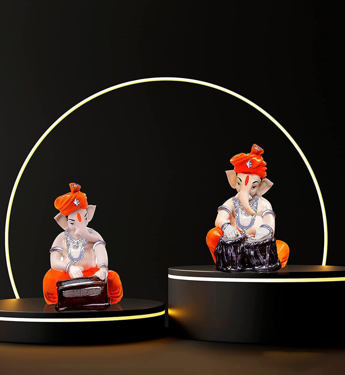 Musical Ganesha Pair for Home Decor | Brings Prosperity - (Orange and White, Pack of 2)(Resin)