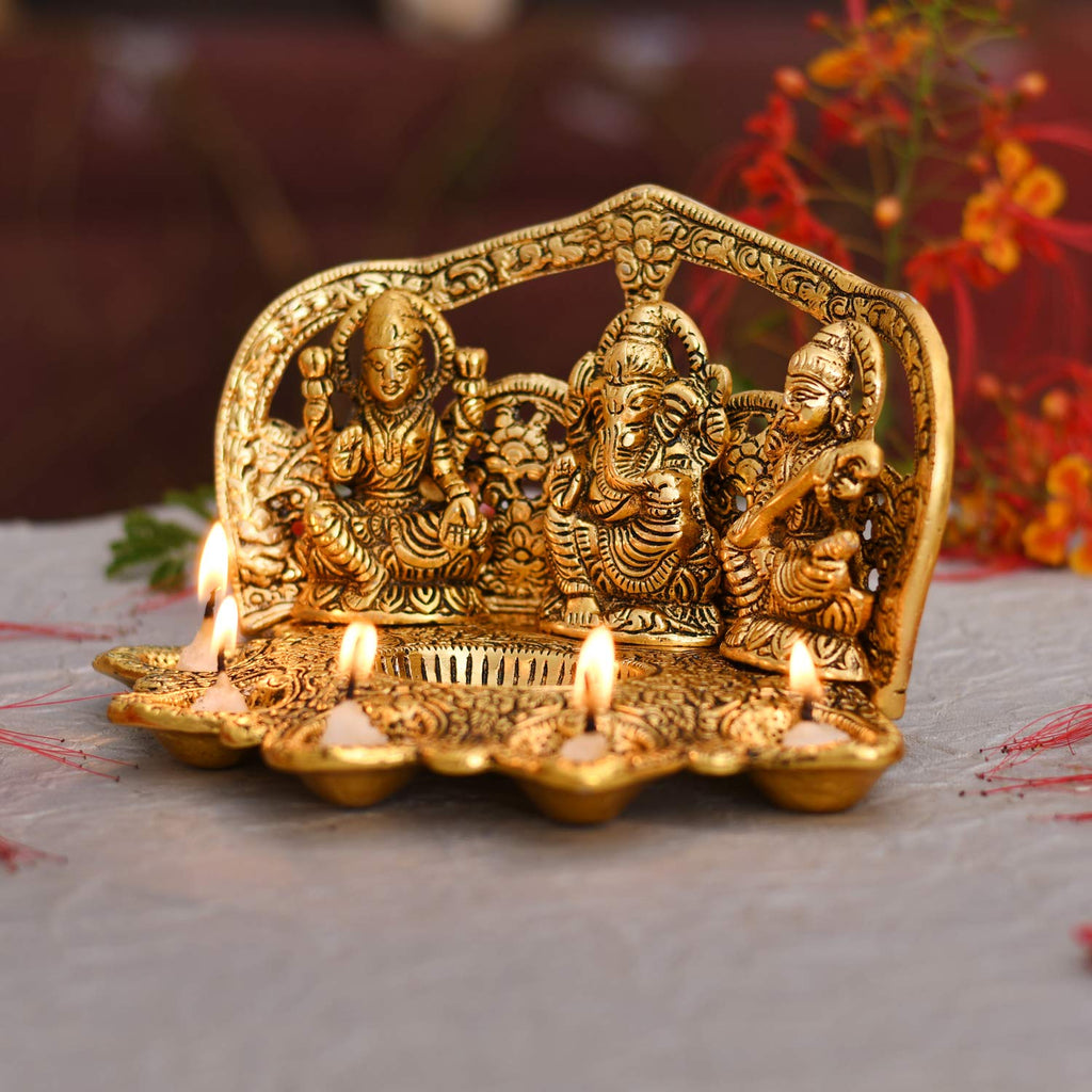 Collectable India Lakshmi Ganesh Saraswati Idol Diya Oil Lamp Deepak - Metal Lakshmi Ganesh Showpiece Statue - Traditional Diya for Diwali Pooja - Diwali Home Decor Item Gift (1)