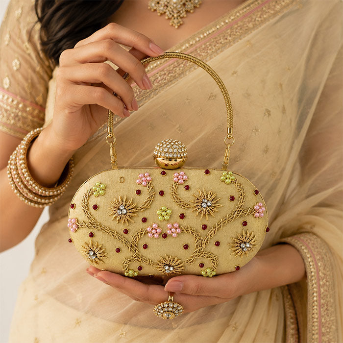 Aurora Bloom Gold Embellished Evening Clutch