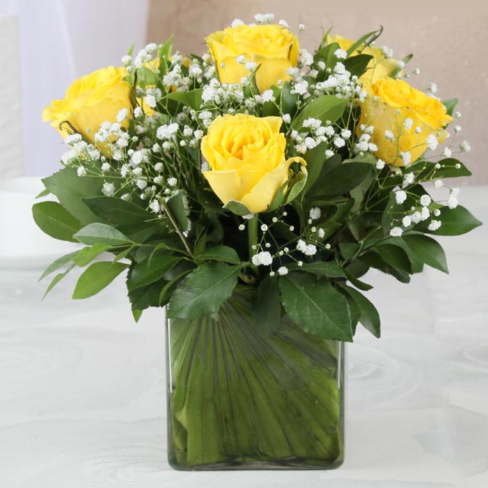 Glass Vase Of Six Lovely Yellow Roses