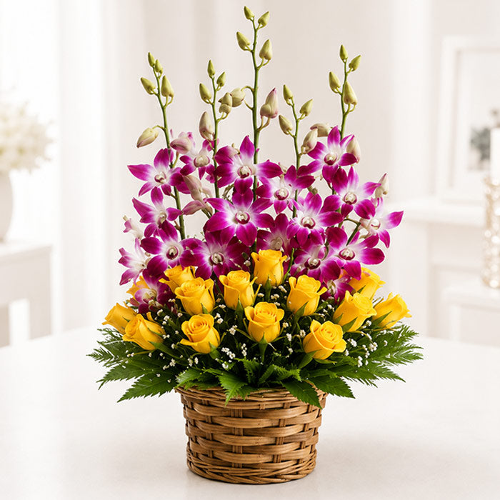 Basket of Yellow Roses with Orchids