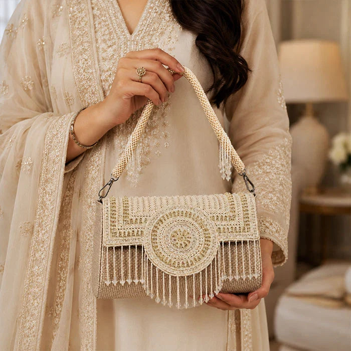 Beige Pearl Embellished Handcrafted Shoulder Bag