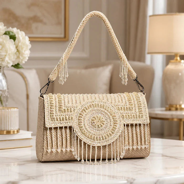 Beige Pearl Embellished Handcrafted Shoulder Bag