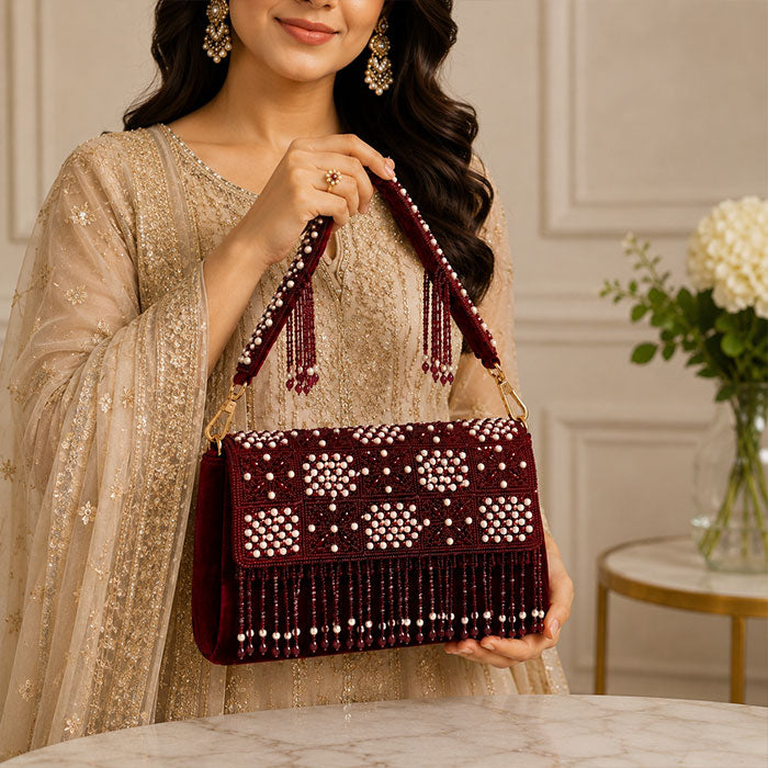 Burgundy Pearl Cascade Embellished Velvet Shoulder Bag