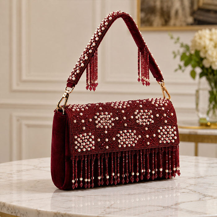 Burgundy Pearl Cascade Embellished Velvet Shoulder Bag