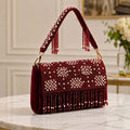 Burgundy Pearl Cascade Embellished Velvet Shoulder Bag