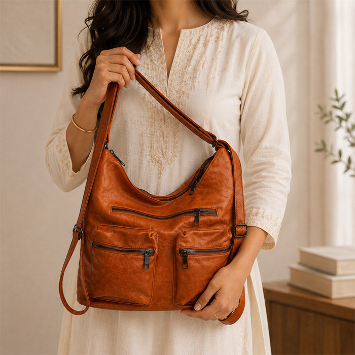 Cognac Luxe Multi-Pocket Hobo Crossbody Bag