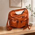 Cognac Luxe Multi-Pocket Hobo Crossbody Bag