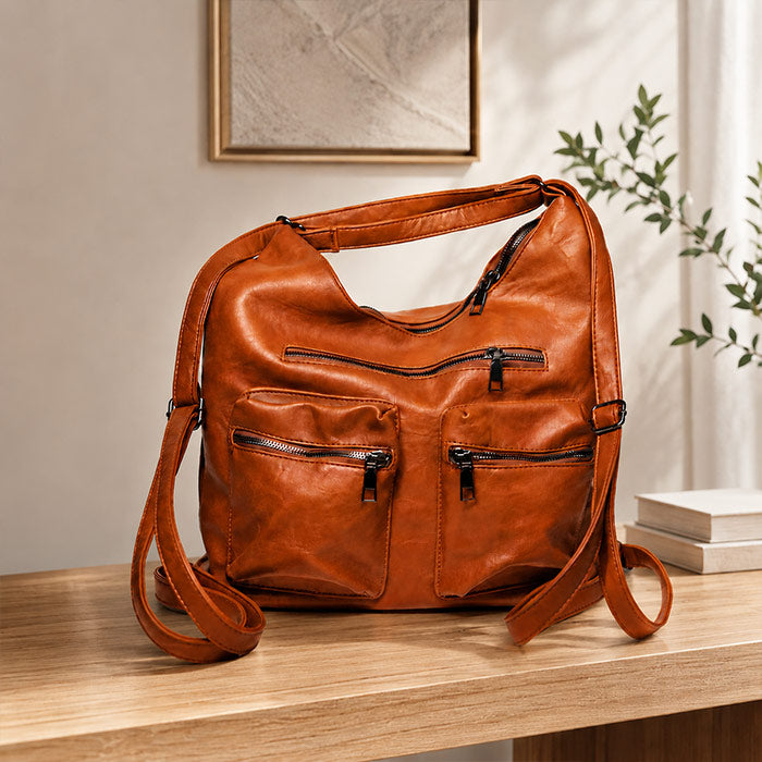 Cognac Luxe Multi-Pocket Hobo Crossbody Bag