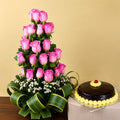 Exotic Pink Roses Arrangement and Chocolate Cake