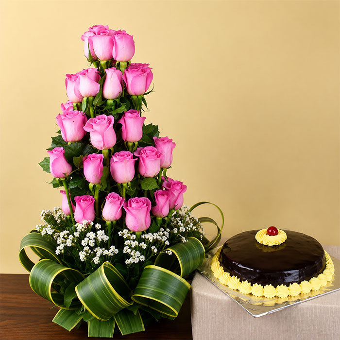 Exotic Pink Roses Arrangement and Chocolate Cake