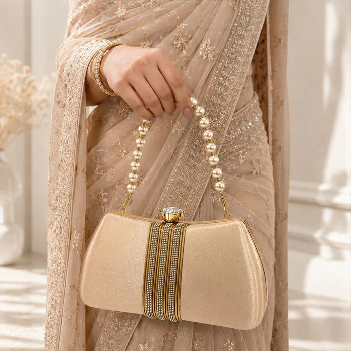Golden Radiance Pearl-Handle Evening Clutch
