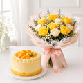 Half Kg Mango Cake with Yellow & White Rose Bouquet