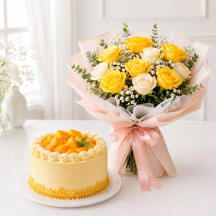 Half Kg Mango Cake with Yellow & White Rose Bouquet
