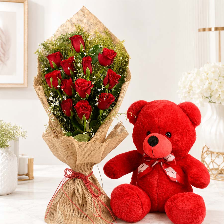 Jute Bouquet of Roses & Teddy