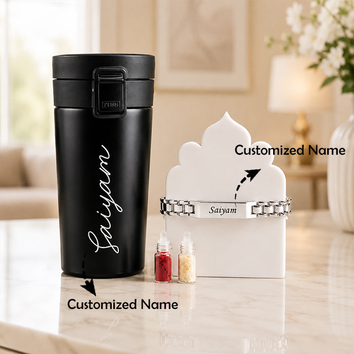 Personalized Black Travel Sipper Bottle with Engraved Name & Premium Bracelet Rakhi Gift Set