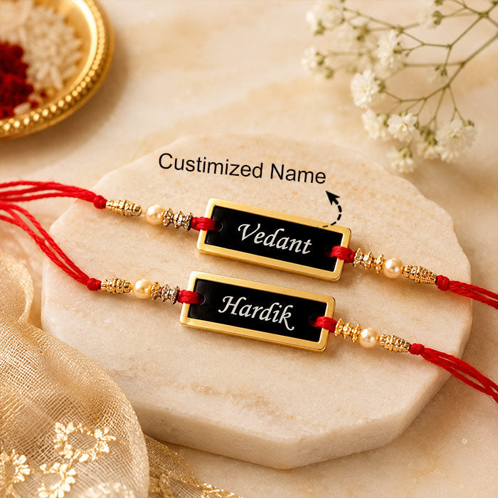 Personalized Black & Gold Name Plate Rakhi Set of 2