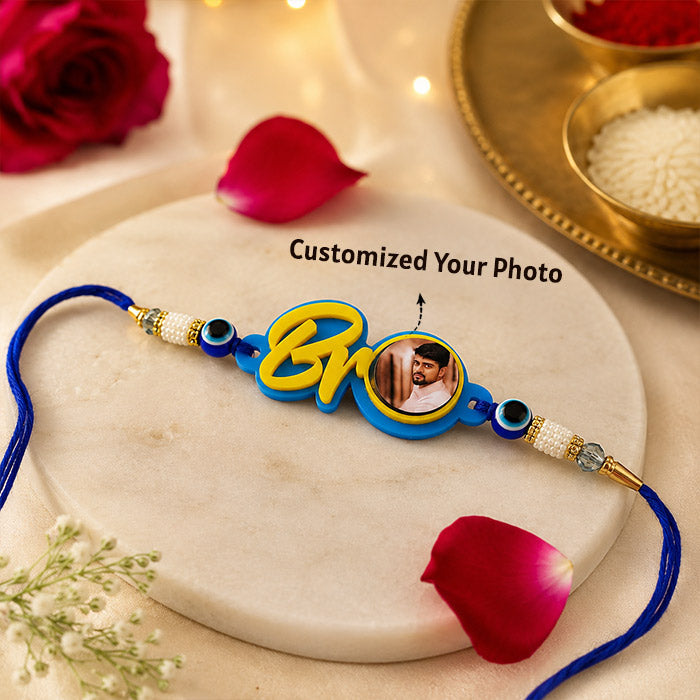 Personalized Blue Initial Photo Rakhi with Evil Eye Beads