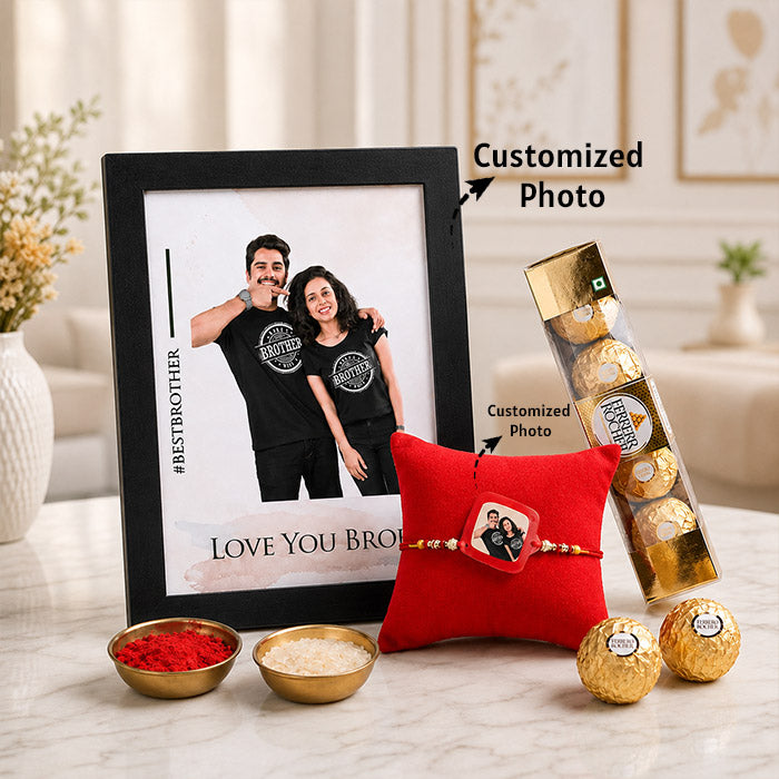 Personalized Brother Photo Rakhi Frame & Ferrero Gift Combo