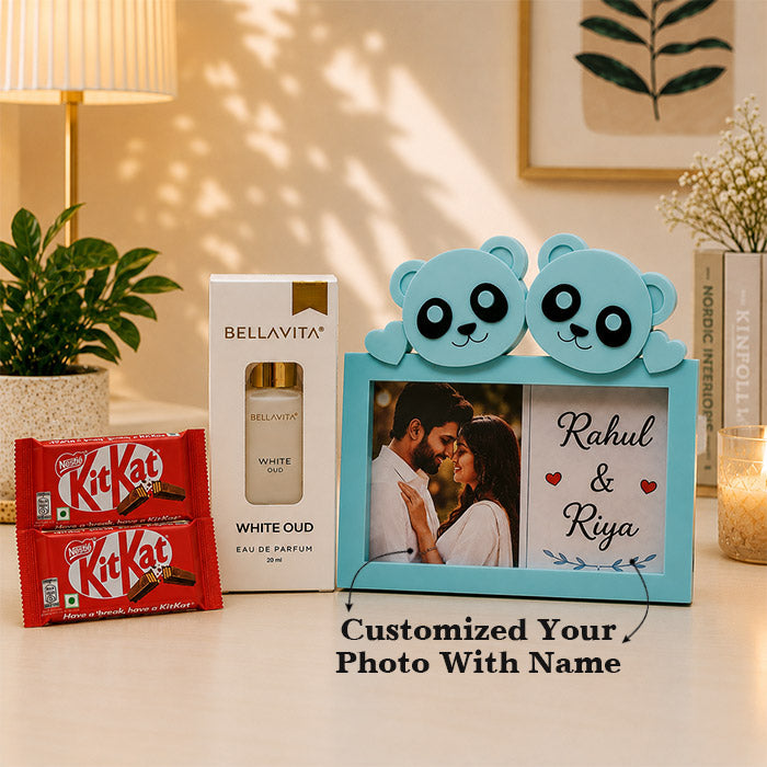 Personalized Couple Gift Hamper with Photo Frame, White Oud Perfume & KitKat Chocolates