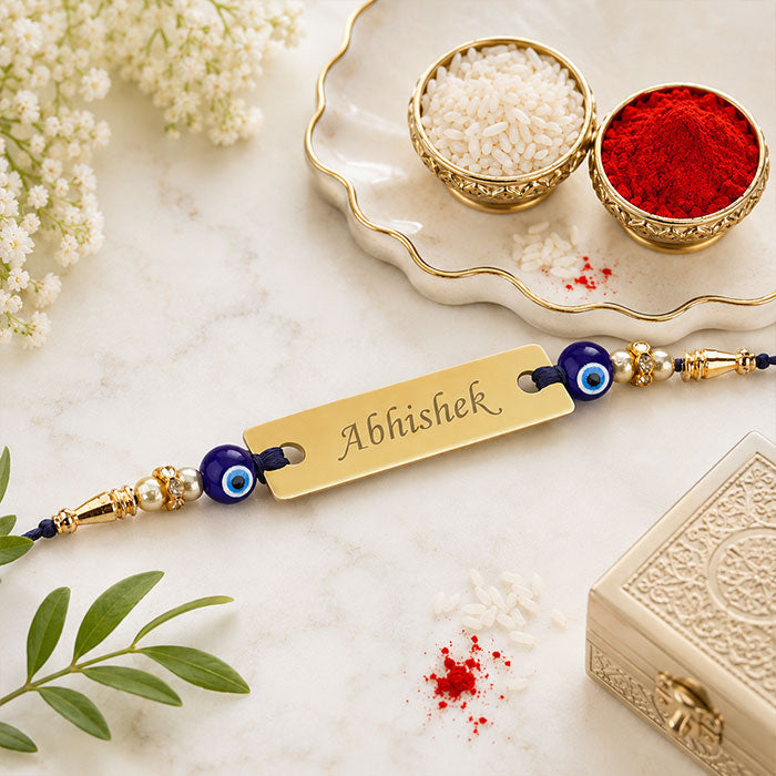 Personalized Evil Eye Name Rakhi with Golden Name Plate