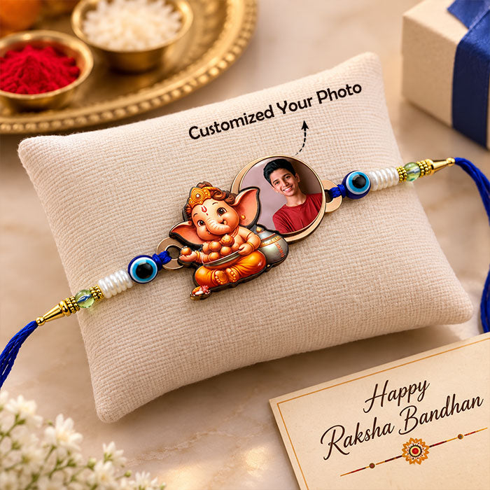 Personalized Ganesha Photo Rakhi with Evil Eye Beads for Brother