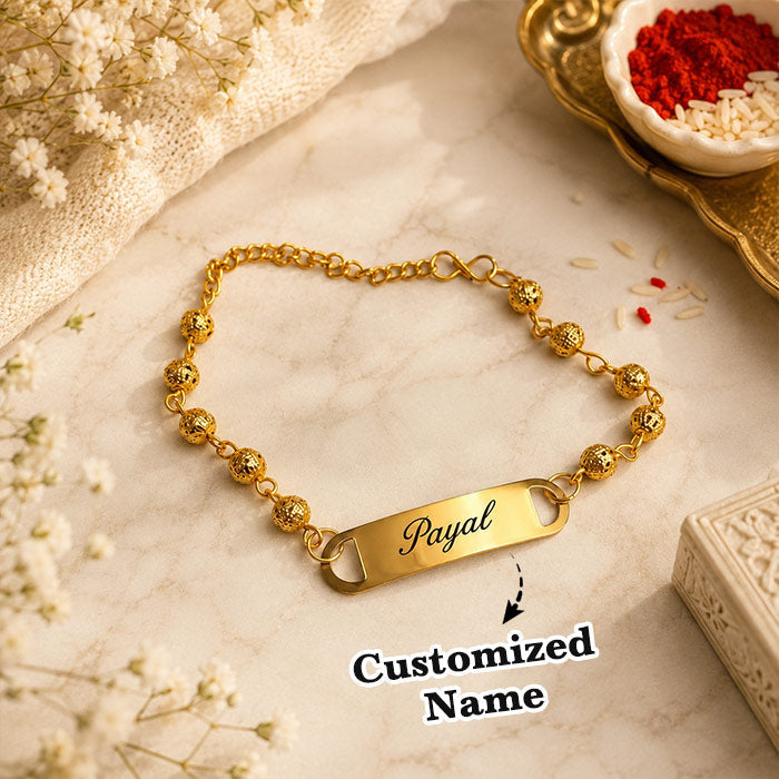 Personalized Gold Finish Beaded Name Bracelet Rakhi for Women