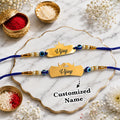 Personalized Gold Name Rakhi Set with Evil Eye Beads (Pack of 2)