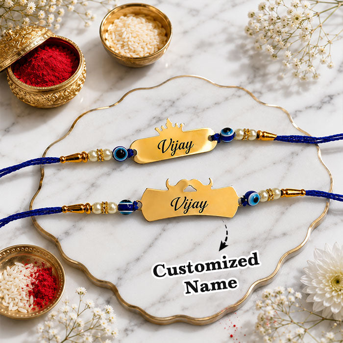 Personalized Gold Name Rakhi Set with Evil Eye Beads (Pack of 2)