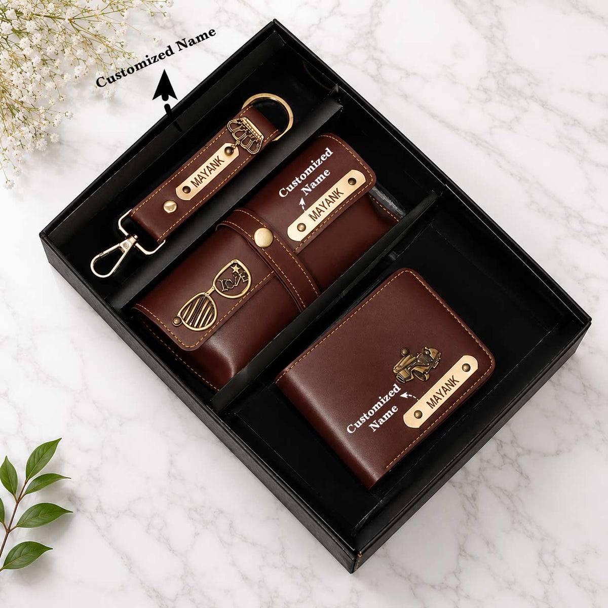 Personalized Leather Gift Set for Men - Wallet, Keychain & Pouch