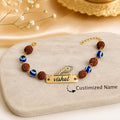 Personalized Peacock Feather Name Rakhi with Rudraksha & Evil Eye Beads