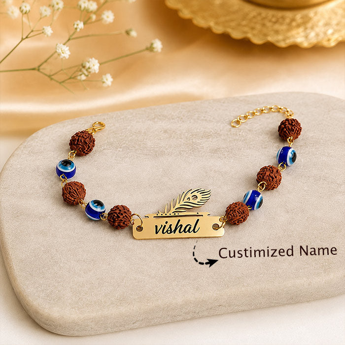 Personalized Peacock Feather Name Rakhi with Rudraksha & Evil Eye Beads