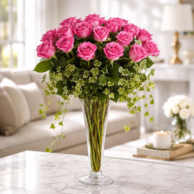 Pink Passion - 15 pink roses in a glass vase