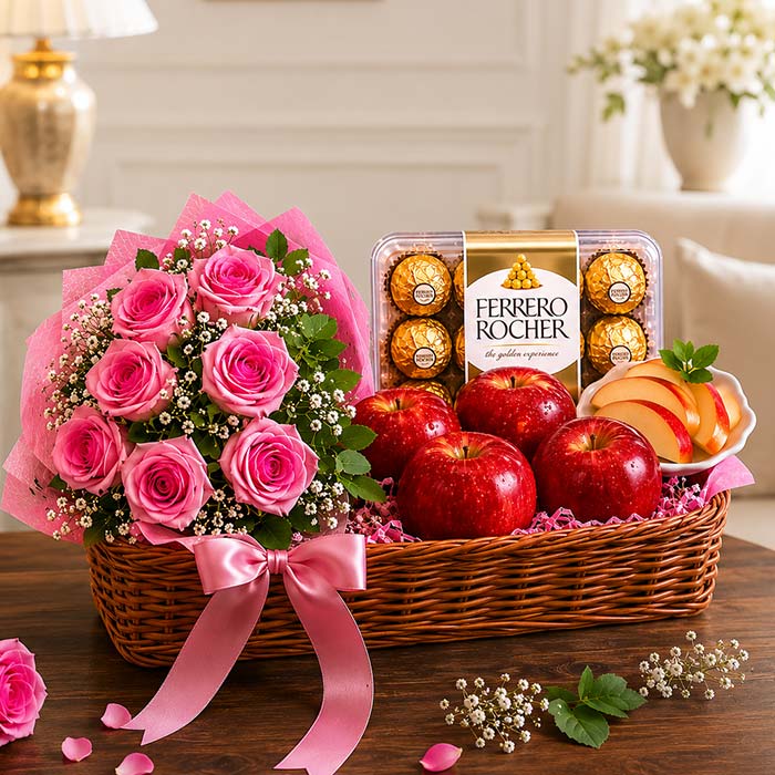 Pink Rose Bouquet with Apple and Ferrero Rocher
