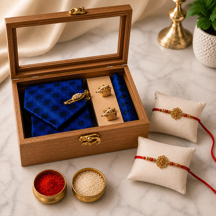 Premium Men's Tie Gift Box with Gold Cufflinks, Tie Pin & Set of 2 Designer Rakhis