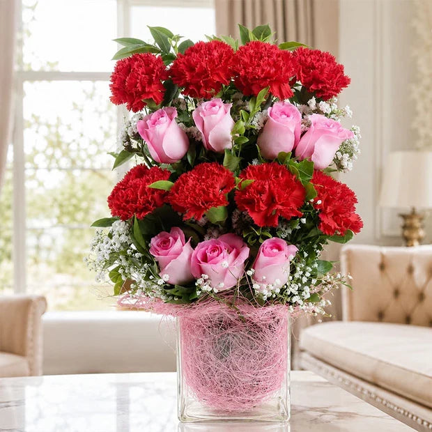 Red Carnation N Pink Roses In A Vase