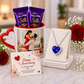 Romantic Anniversary Gift Hamper with Personalized Couple Mug, Silk Chocolates & Blue Heart Necklace