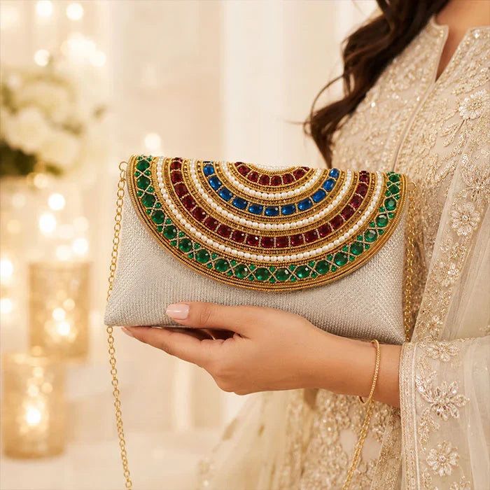 Royal Golden Beaded Clutch with Pearl & Gem Embellished Flap