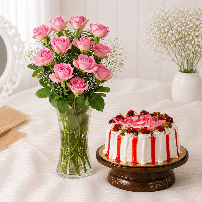Strawberry Cake With Dozen Pink Roses In A Glass Vase