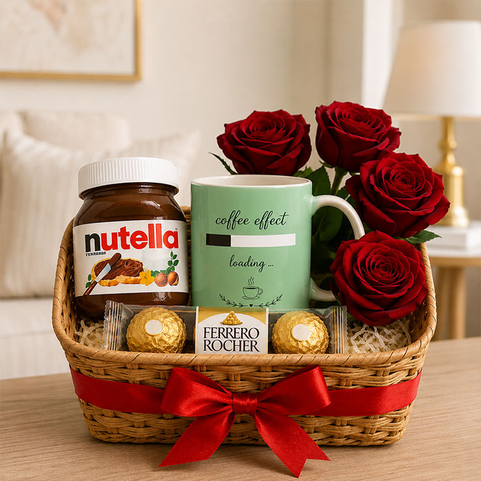 Sweet Moments Gift Hamper – Nutella, Mug & Ferrero Rocher & White Rose