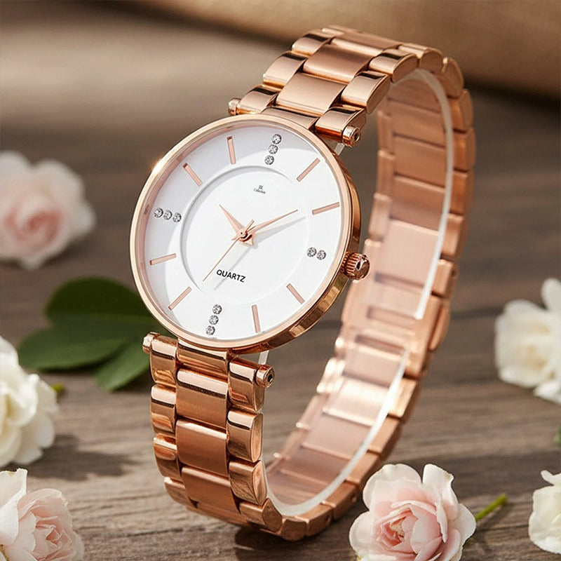 Round Studded Dial Metal Bracelet Chain Strap Analogue Wrist Watch for Women 