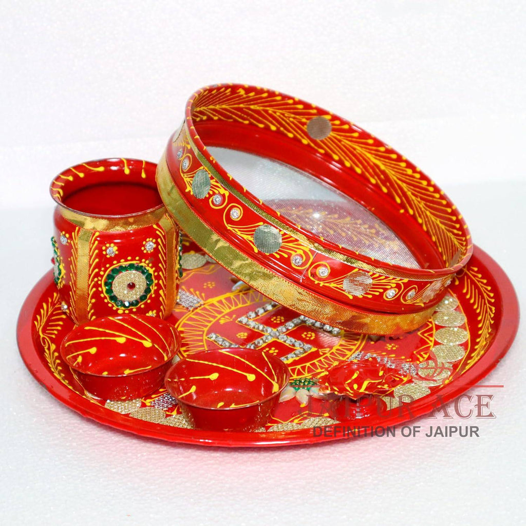 Ace Karwa Chauth Traditional and Decorative Pooja Thali Set | Stainless Steel Thali Set | Lota, Kalash, Diya, and Bowls | Trafitional Poooja Thalis | Channi Lota Included (Pattern 9)
