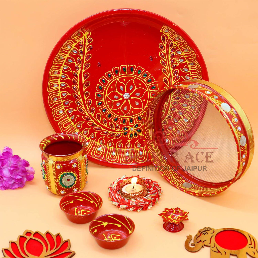 Ace Karwa Chauth Traditional and Decorative Pooja Thali Set | Stainless Steel Thali Set | Lota, Kalash, Diya, and Bowls | Trafitional Poooja Thalis | Channi Lota Included (Pattern 9)