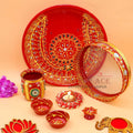 Ace Karwa Chauth Traditional and Decorative Pooja Thali Set | Stainless Steel Thali Set | Lota, Kalash, Diya, and Bowls | Trafitional Poooja Thalis | Channi Lota Included (Pattern 9)