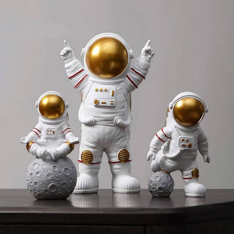 Astronaut Spaceman Statue Ornament Home Office Desktop Figurine Decors Set of 3 - Golden