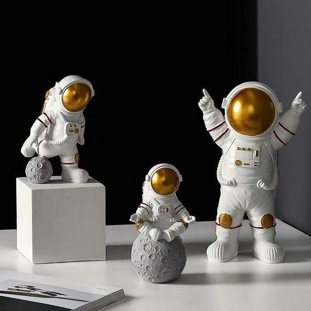 Astronaut Spaceman Statue Ornament Home Office Desktop Figurine Decors Set of 3 - Golden